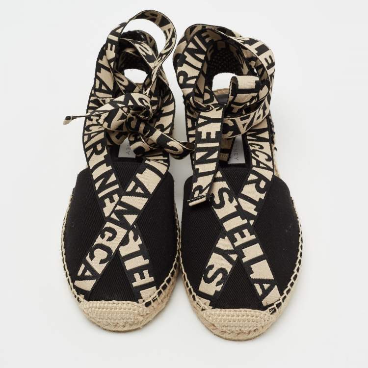 Pre Owned Stella McCartney Black/Beige Canvas And Fabric Gaia Macrame Ankle Wrap Espadrille Flats Size 38