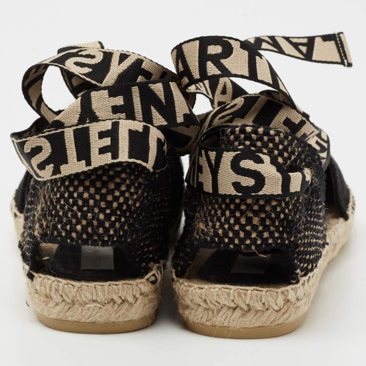 Pre Owned Stella McCartney Black/Beige Canvas And Fabric Gaia Macrame Ankle Wrap Espadrille Flats Size 38