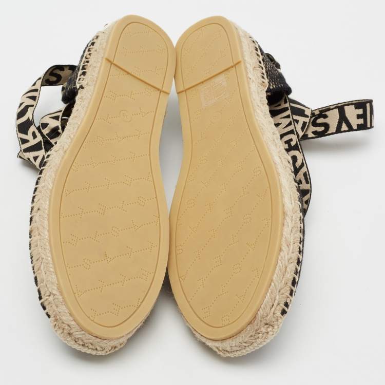 Pre Owned Stella McCartney Black/Beige Canvas And Fabric Gaia Macrame Ankle Wrap Espadrille Flats Size 38