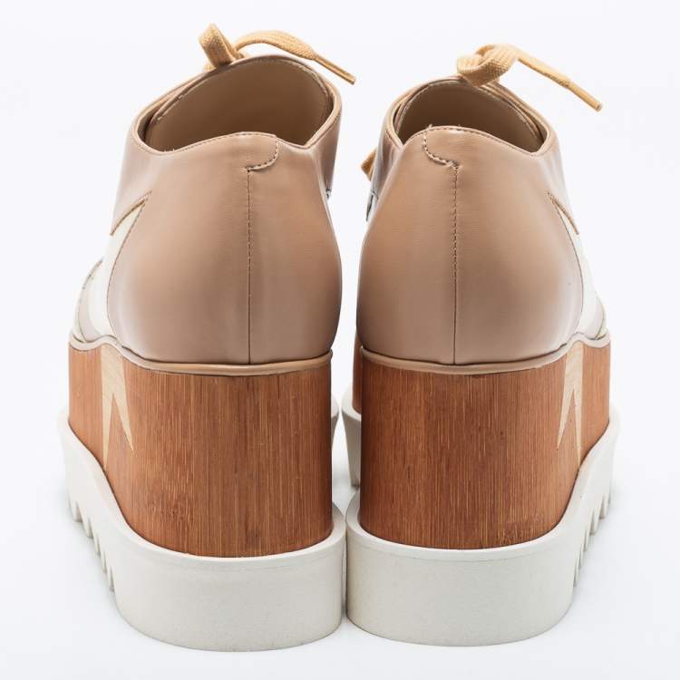 Pre Owned Stella McCartney Beige Faux Leather And Wood Elyse 80MM Platform Sneakers Size 39