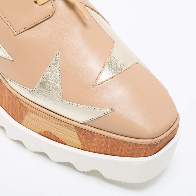 Pre Owned Stella McCartney Beige Faux Leather And Wood Elyse 80MM Platform Sneakers Size 39