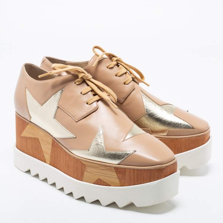 Pre Owned Stella McCartney Beige Faux Leather And Wood Elyse 80MM Platform Sneakers Size 39
