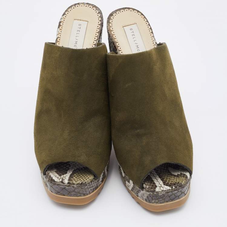 Pre Owned Stella McCartney Olive Green Faux Suede Platform Mules Size 38