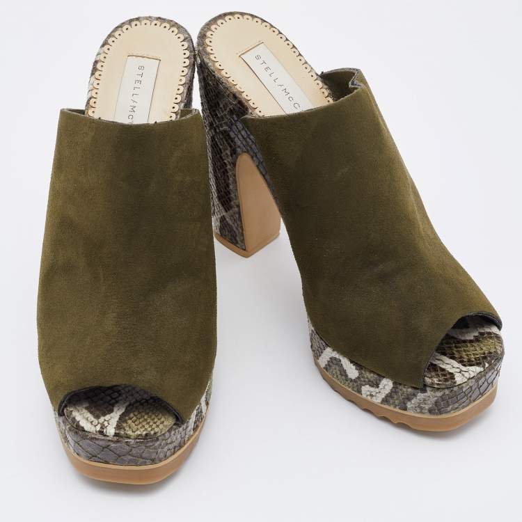 Pre Owned Stella McCartney Olive Green Faux Suede Platform Mules Size 38