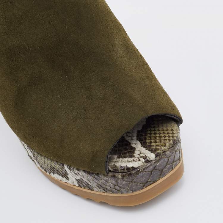 Pre Owned Stella McCartney Olive Green Faux Suede Platform Mules Size 38