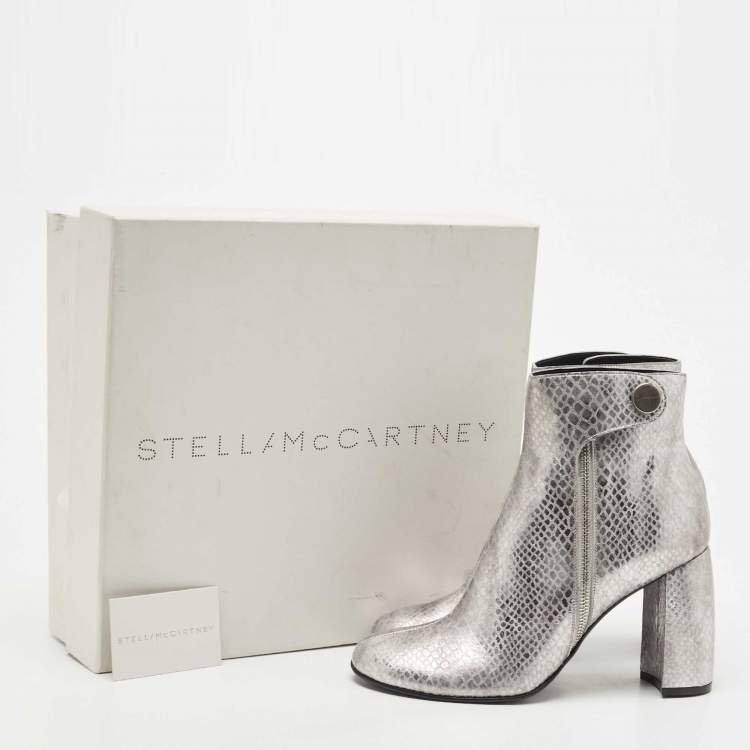 Pre Owned Stella McCartney Metallic Silver Python Embossed Faux Leather Ankle Boots Size 40