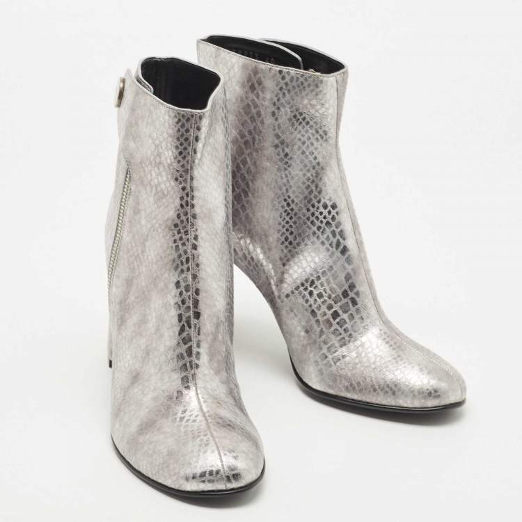 Pre Owned Stella McCartney Metallic Silver Python Embossed Faux Leather Ankle Boots Size 40