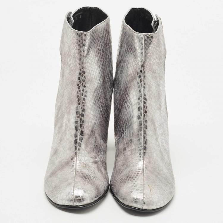 Pre Owned Stella McCartney Metallic Silver Python Embossed Faux Leather Ankle Boots Size 40