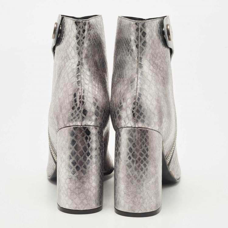 Pre Owned Stella McCartney Metallic Silver Python Embossed Faux Leather Ankle Boots Size 40