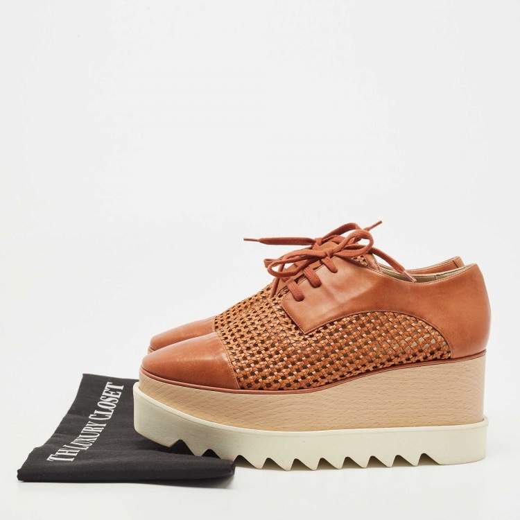 Pre Owned Stella McCartney Brown Faux Cut Out Leather Elyse Platform Derby Sneakers Size 38