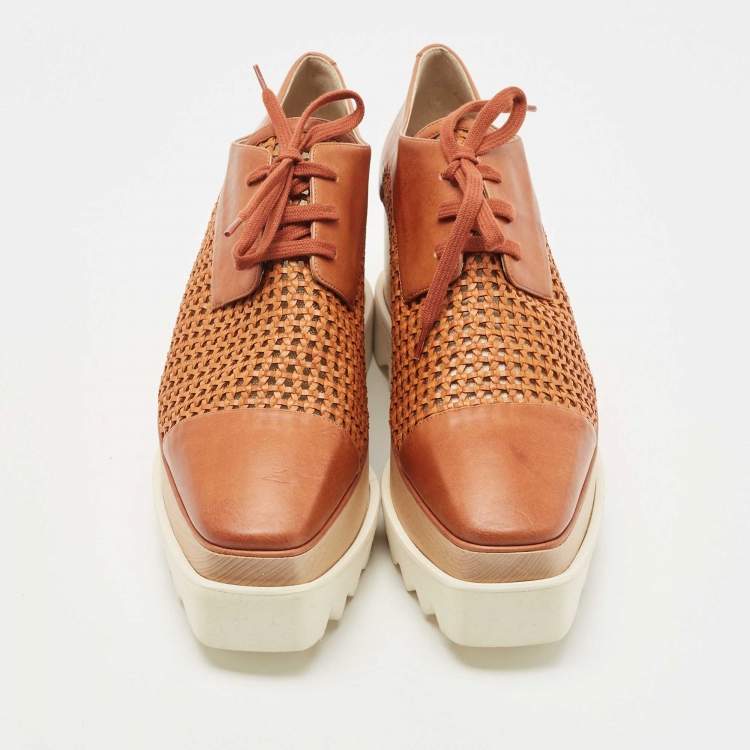 Pre Owned Stella McCartney Brown Faux Cut Out Leather Elyse Platform Derby Sneakers Size 38