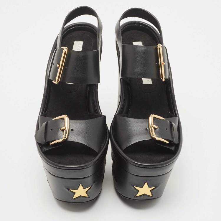 Pre Owned Stella McCartney Black Faux Leather Platform Ankle Strap Sandals Size 38