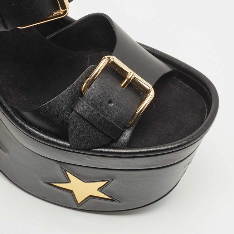 Pre Owned Stella McCartney Black Faux Leather Platform Ankle Strap Sandals Size 38