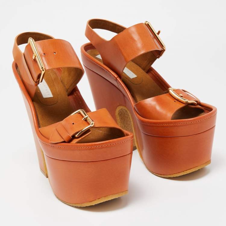 Pre Owned Stella McCartney Brown Faux Leather Block Heel Platform Sandals Size 38