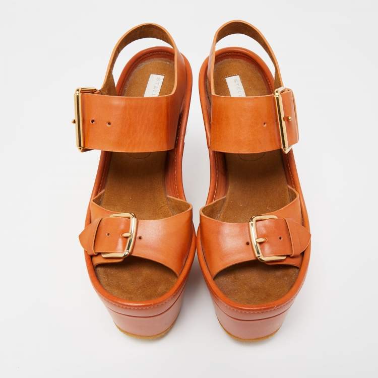Pre Owned Stella McCartney Brown Faux Leather Block Heel Platform Sandals Size 38
