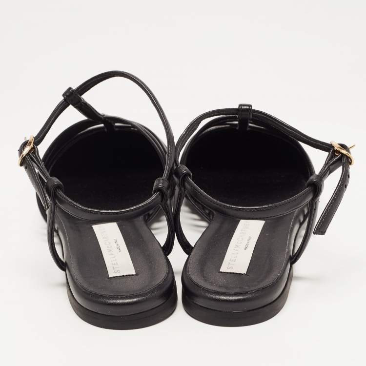 Pre Owned Stella McCartney Black Faux Leather Strappy Slingback Flat Sandals Size 37