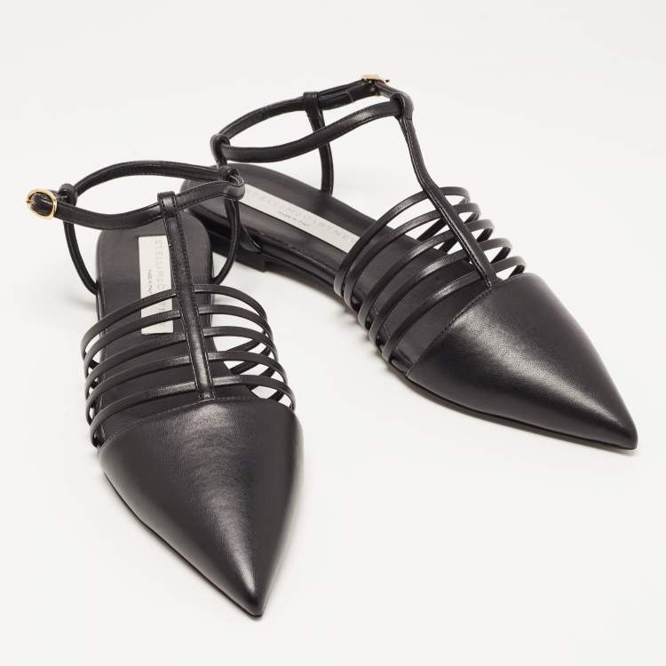 Pre Owned Stella McCartney Black Faux Leather Strappy Slingback Flat Sandals Size 37