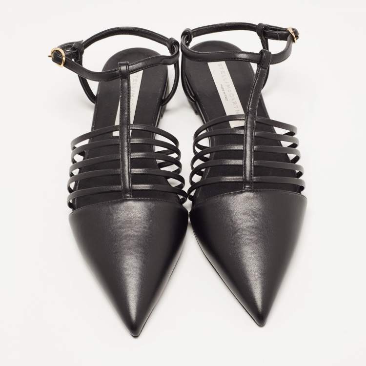 Pre Owned Stella McCartney Black Faux Leather Strappy Slingback Flat Sandals Size 37
