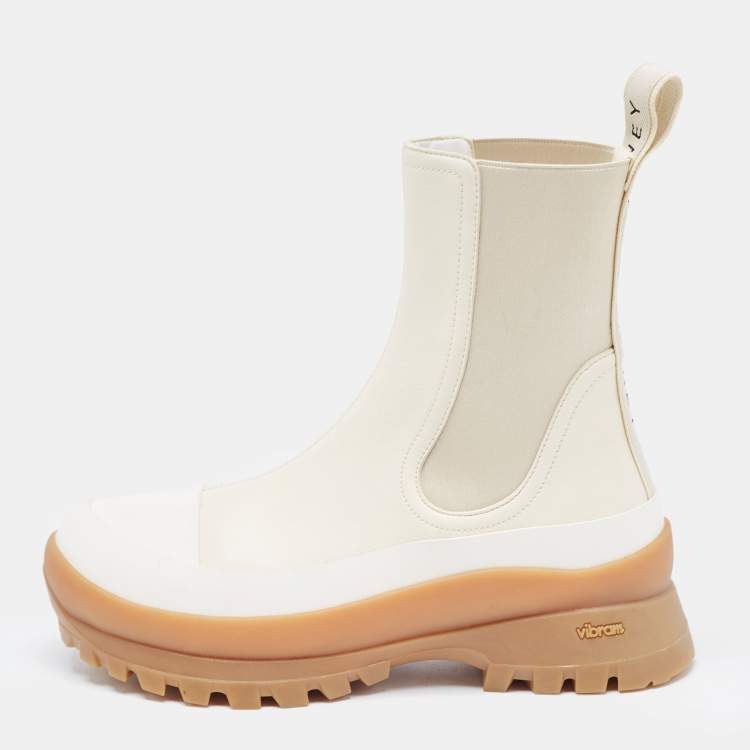 Pre Owned Stella McCartney White Faux Leather and Fabric Chelsea Boots Size 39