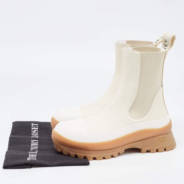 Pre Owned Stella McCartney White Faux Leather and Fabric Chelsea Boots Size 39