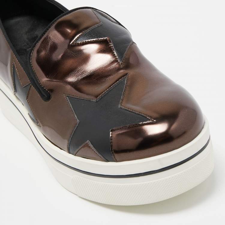 Pre Owned Stella McCartney Metallic Brown/Black Faux Leather Binx Star Platform Slip On Sneakers Size 37