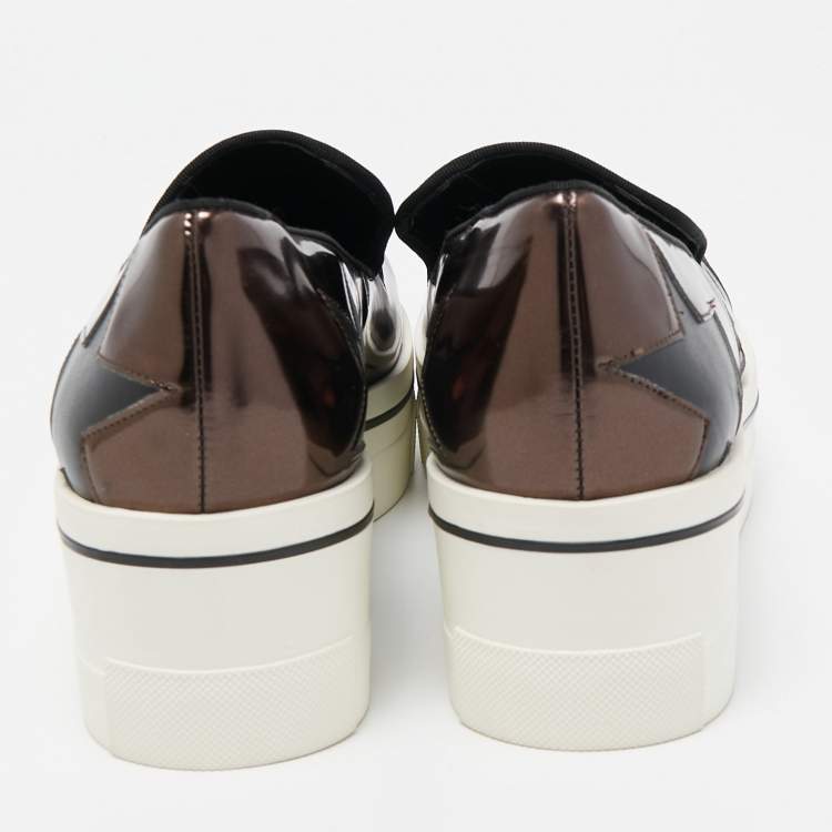 Pre Owned Stella McCartney Metallic Brown/Black Faux Leather Binx Star Platform Slip On Sneakers Size 37