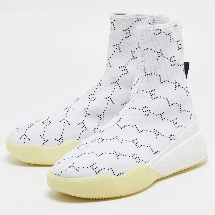 Pre Owned Stella McCartney White/Black Monogram Knit Fabric Loop Sneakers Size 39