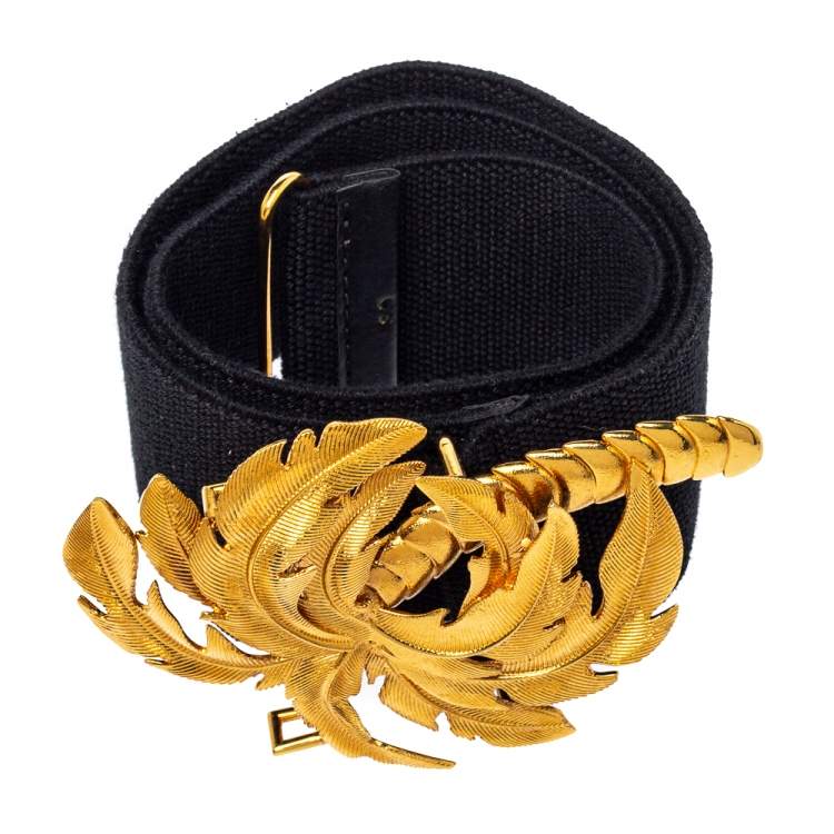 Pre Owned Stella McCartney Black Canvas Palm Tree Buckle Belt 80 CM