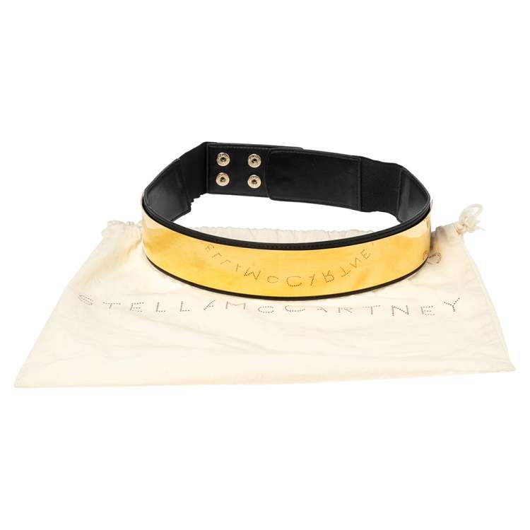 Pre Owned Stella McCartney Black Faux Leather Gold Tone Metal Plate Waist Belt 70CM