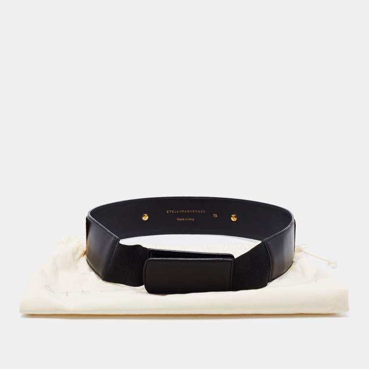 Pre Owned Stella McCartney Black Faux Leather Gold Tone Metal Plate Waist Belt 75 CM