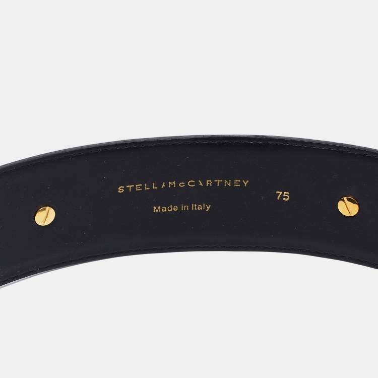 Pre Owned Stella McCartney Black Faux Leather Gold Tone Metal Plate Waist Belt 75 CM