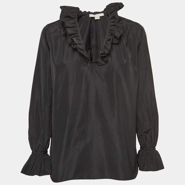 Pre Owned Stella McCartney Black Silk Blend Crepe Ruffled V Neck Top S