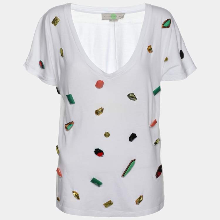 مملوكة مسبقًا Stella McCartney White Cotton Natural Stones Detail V Neck T-Shirt S