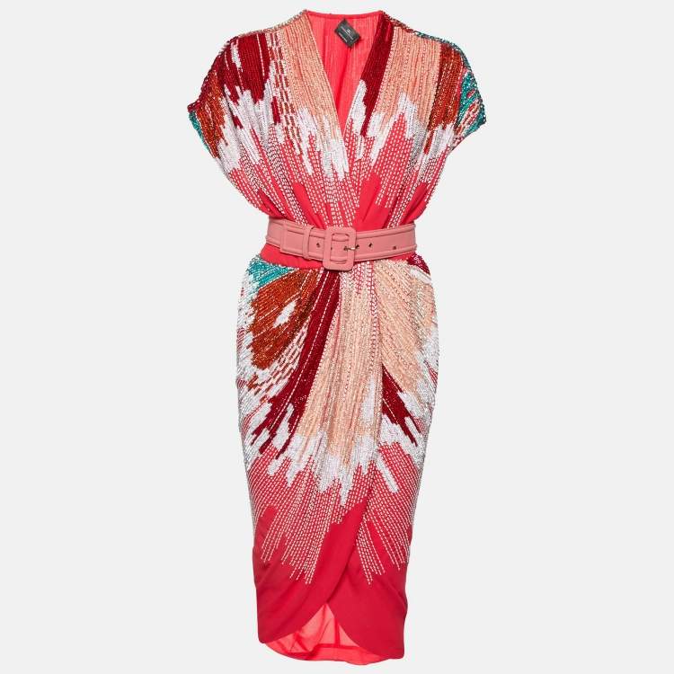 Pre Owned Stella McCartney Fuchsia Pink Embellished Crepe Wrap Dress L