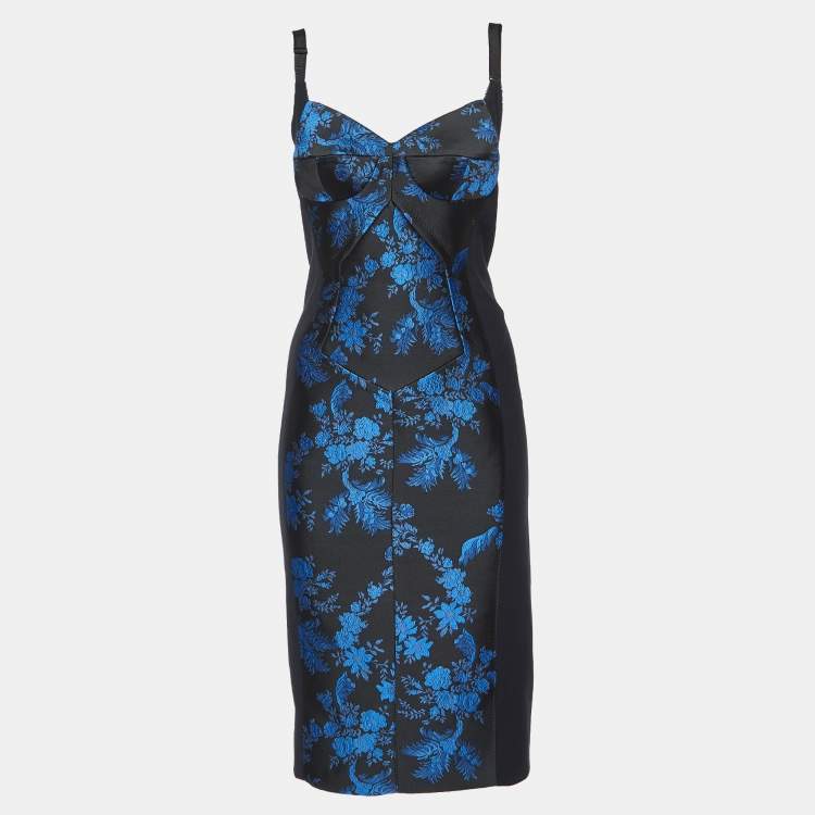 Pre Owned Stella McCartney Black Stretch Crepe Floral Jacquard Paneled Bustier Midi Dress S