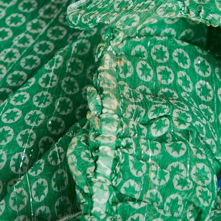 Pre Owned Stella McCartney Green Stars Print Lurex Georgette Ruffled Top M