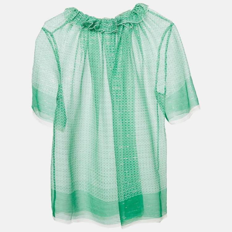 Pre Owned Stella McCartney Green Stars Print Lurex Georgette Ruffled Top M