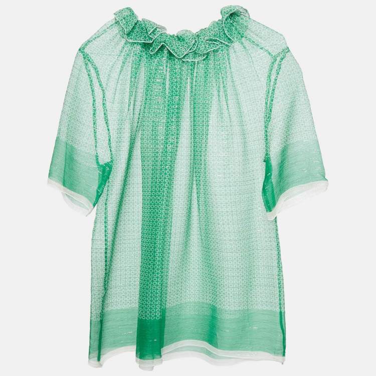 Pre Owned Stella McCartney Green Stars Print Lurex Georgette Ruffled Top M