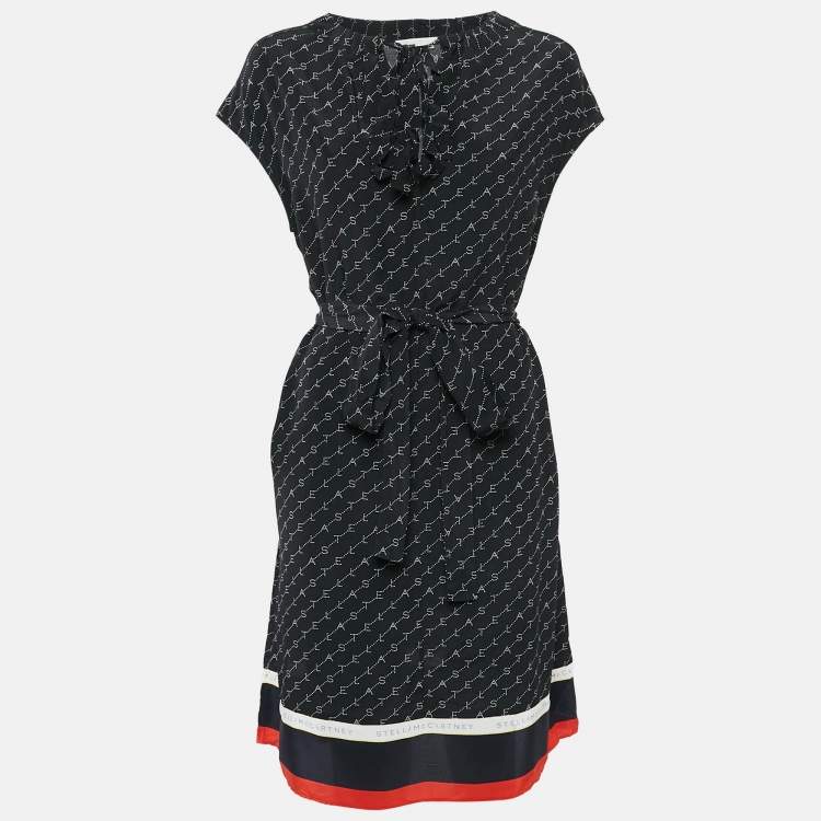 Pre Owned Stella McCartney Black Diagonal Logo Print Belted Midi Dress L
