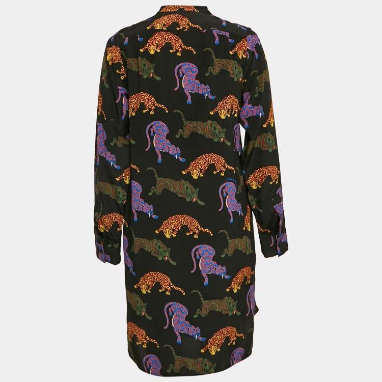 Pre Owned Stella McCartney Black Cats Print Silk Shirt Dress XS