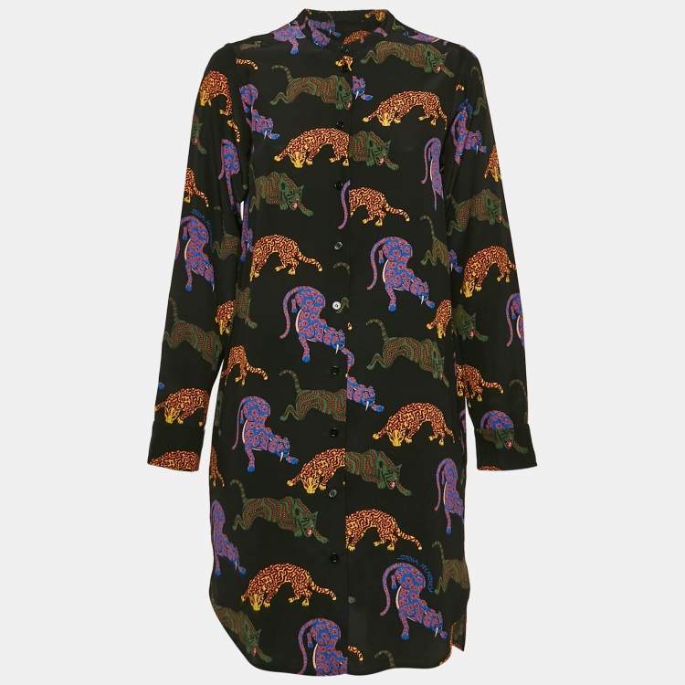 Pre Owned Stella McCartney Black Cats Print Silk Shirt Dress XS