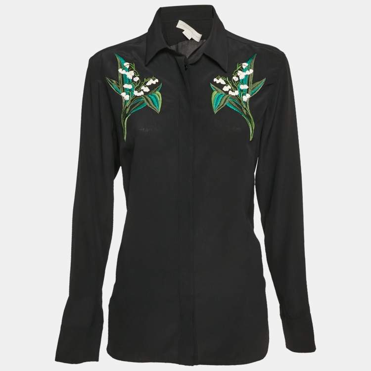 Pre Owned Stella McCartney Black Floral Embroidered Silk Long Sleeve Shirt S