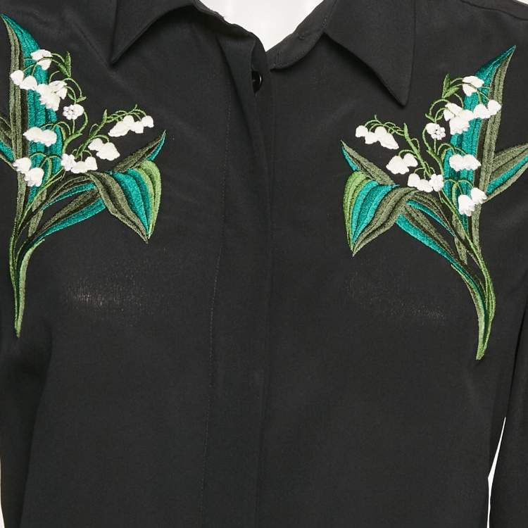 Pre Owned Stella McCartney Black Floral Embroidered Silk Long Sleeve Shirt S