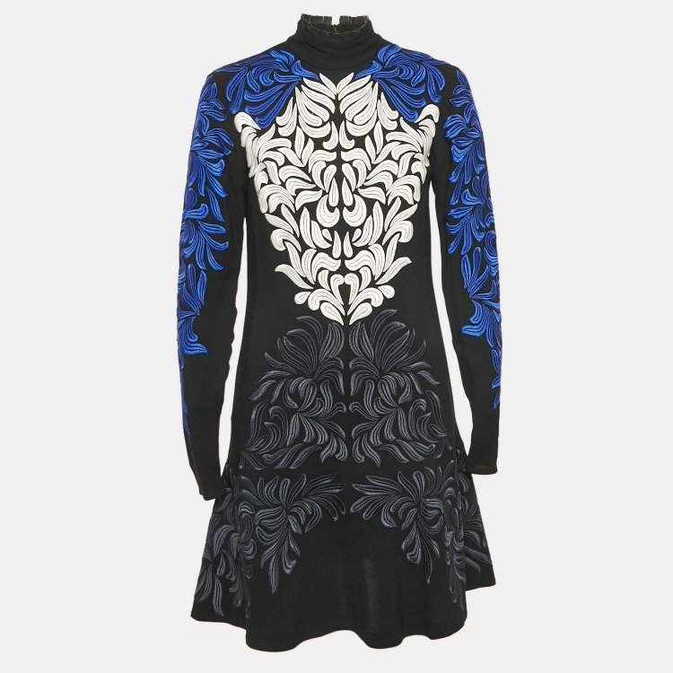 Pre Owned Stella McCartney Black/ Blue Embroidered Crepe Flounce Mini Dress S