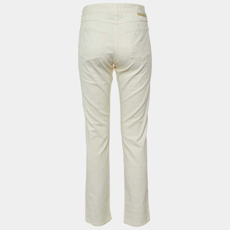 Pre Owned Stella McCartney Ivory Star Embroidered Cotton Slim Fit Jeans M/Waist 32"