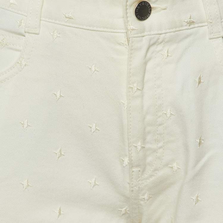 Pre Owned Stella McCartney Ivory Star Embroidered Cotton Slim Fit Jeans M/Waist 32"