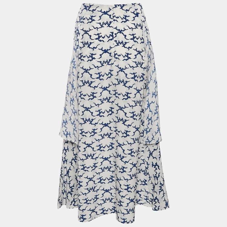 Pre Owned Stella McCartney White Printed Silk Layered Midi Skirt M 