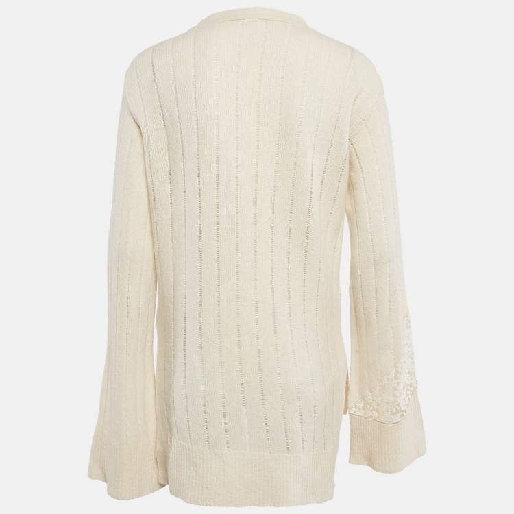Pre Owned Stella McCartney Cream Cashmere Lace Detail Button Front Cardigan M