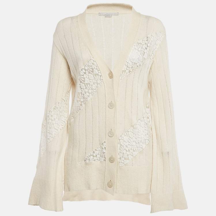 Pre Owned Stella McCartney Cream Cashmere Lace Detail Button Front Cardigan M