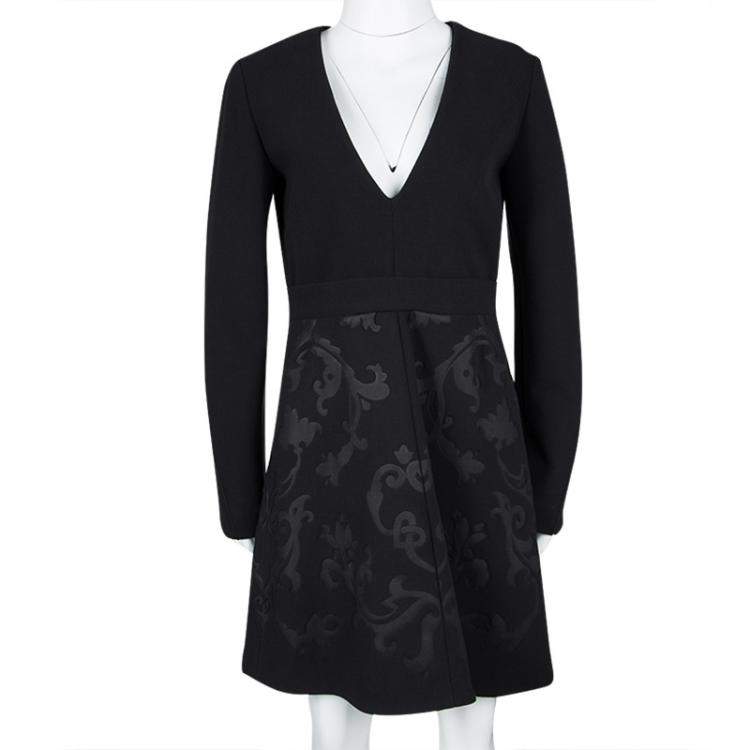 Pre Owned Stella McCartney Black Floral Embossed Jacquard V-Neck Long Sleeve Dress S